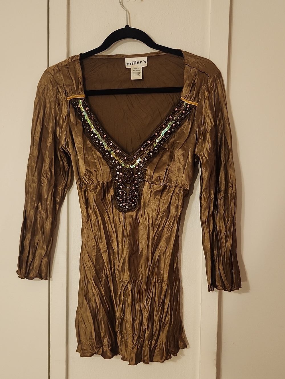 Olive Green Embellished V-Neck Women's Dress